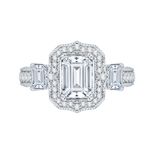 Emerald Cut Diamond Halo Bridal Ring in 18K White Gold (Semi-Mount)