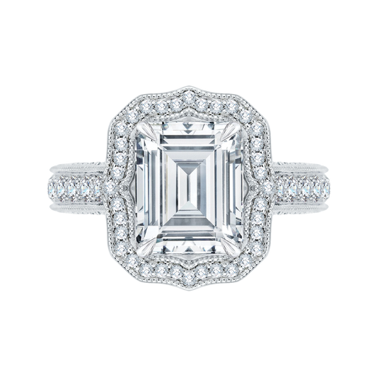 Emerald Cut Diamond Halo Bridal Engagement Ring in 18K White Gold (Semi-Mount)