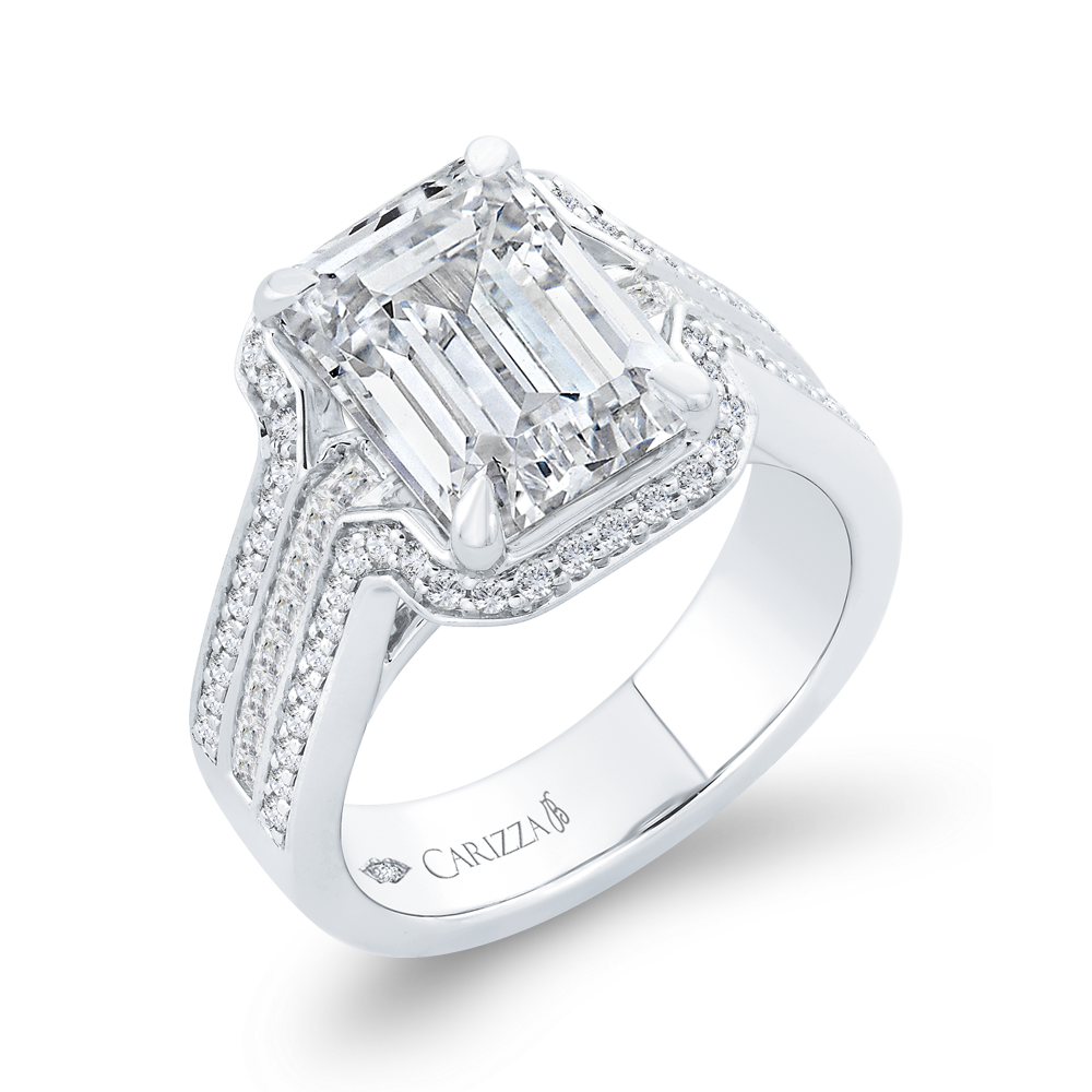 Three Row Round Diamond Halo Engagement Ring in 14K White Gold (Semi-Mount)