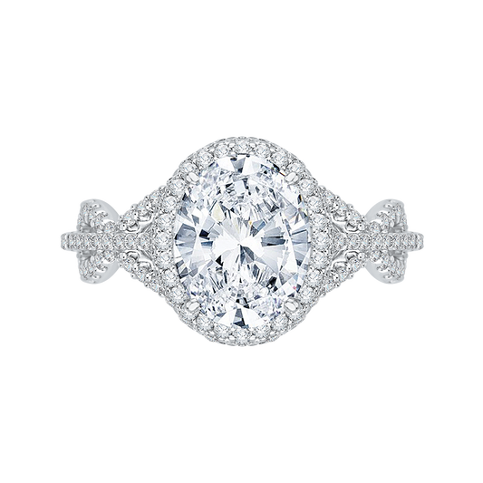 Criss-Cross Shank Oval Cut Diamond Halo Engagement Ring in 18K White Gold (Semi-Mount)
