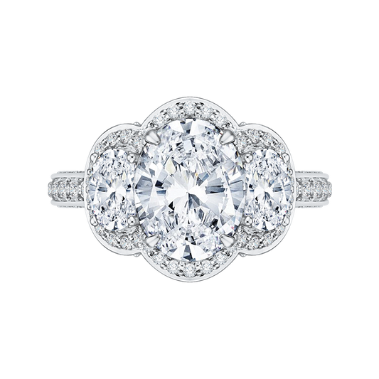 Oval Cut Diamond Three-Stone Halo Engagement Ring in 18K White Gold (Semi-Mount)