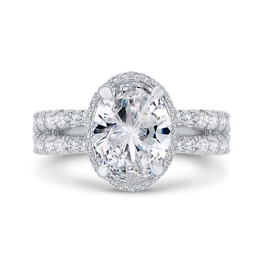 Split Shank Oval Cut Diamond Halo Engagement Ring in 18K White Gold (Semi-Mount)