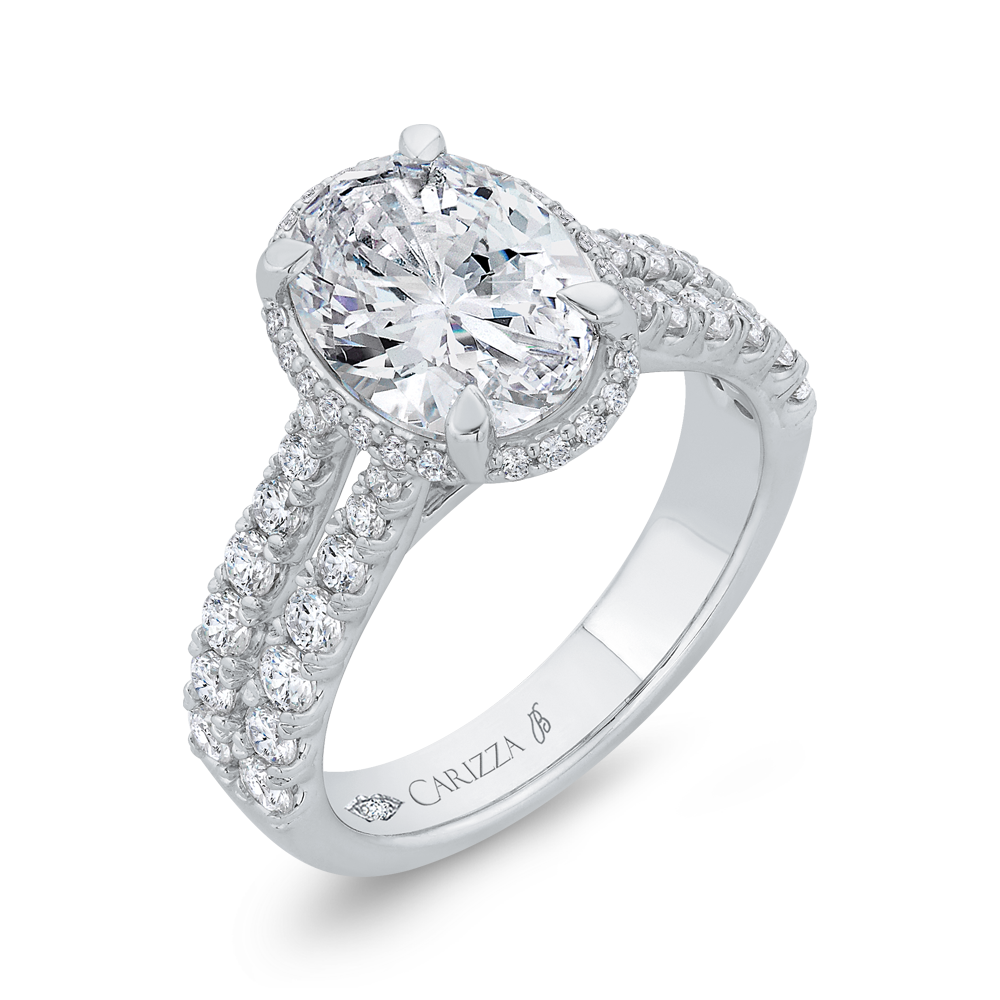 Split Shank Oval Cut Diamond Halo Engagement Ring in 18K White Gold (Semi-Mount)