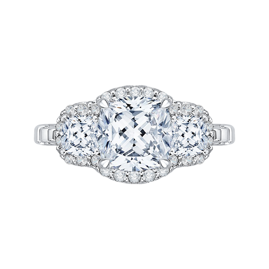 Cushion Cut Three-Stone Diamond Halo Engagement Ring in 18K White Gold (Semi-Mount)