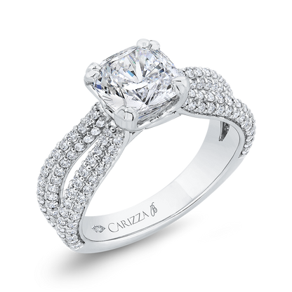 Split Shank Cushion Cut Diamond Engagement Ringin 18K White Gold (Semi-Mount)