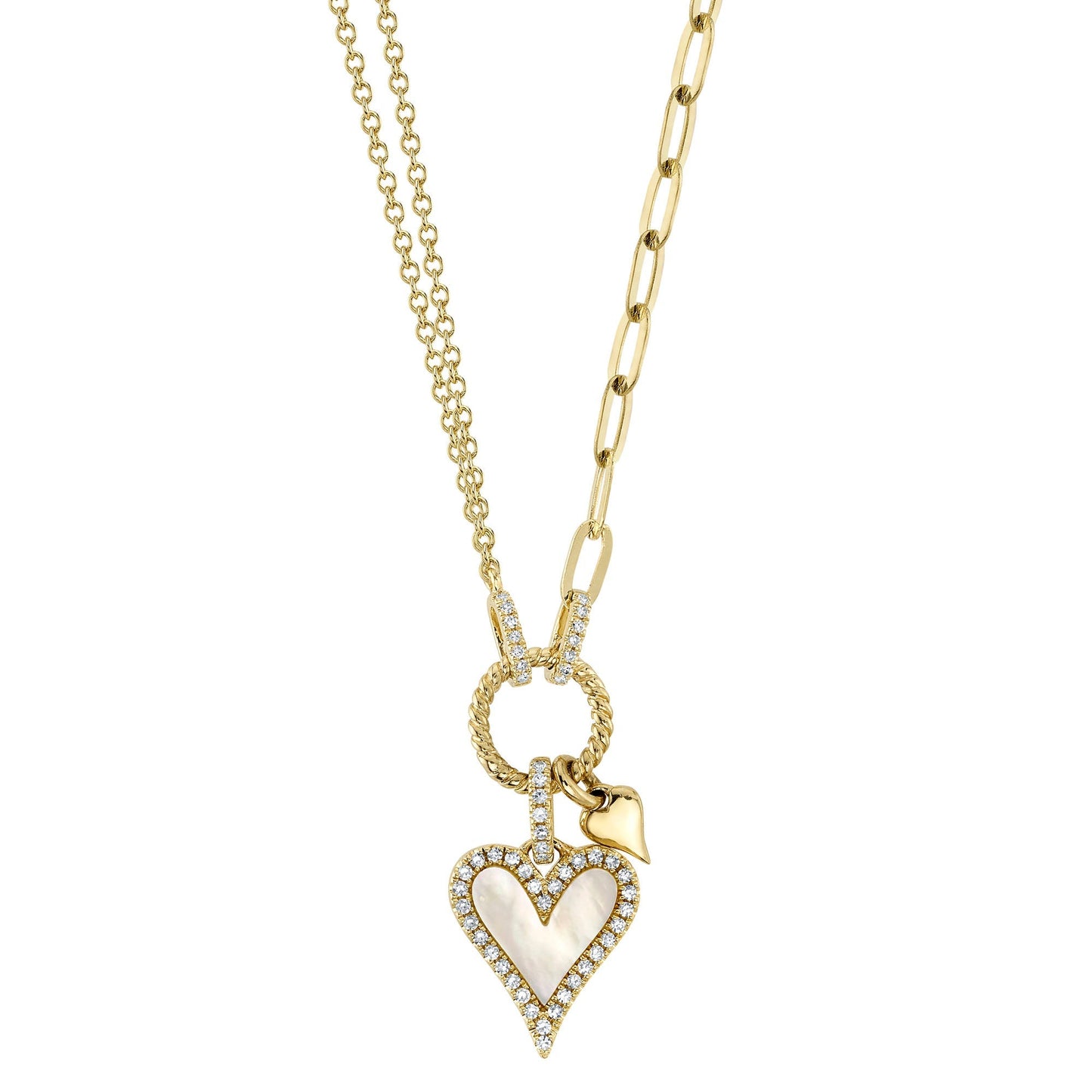 0.13CT DIAMOND & 0.41CT MOTHER OF PEARL HEART PAPER CLIP LINK NECKLACE