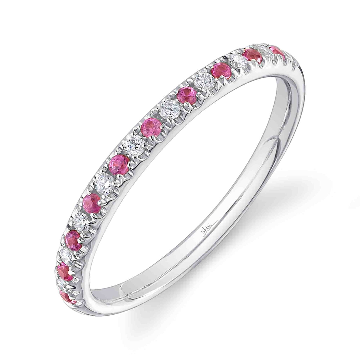 0.10CT DIAMOND & 0.10CT PINK SAPPHIRE 14K W/G LADY'S BAND SZ 6
