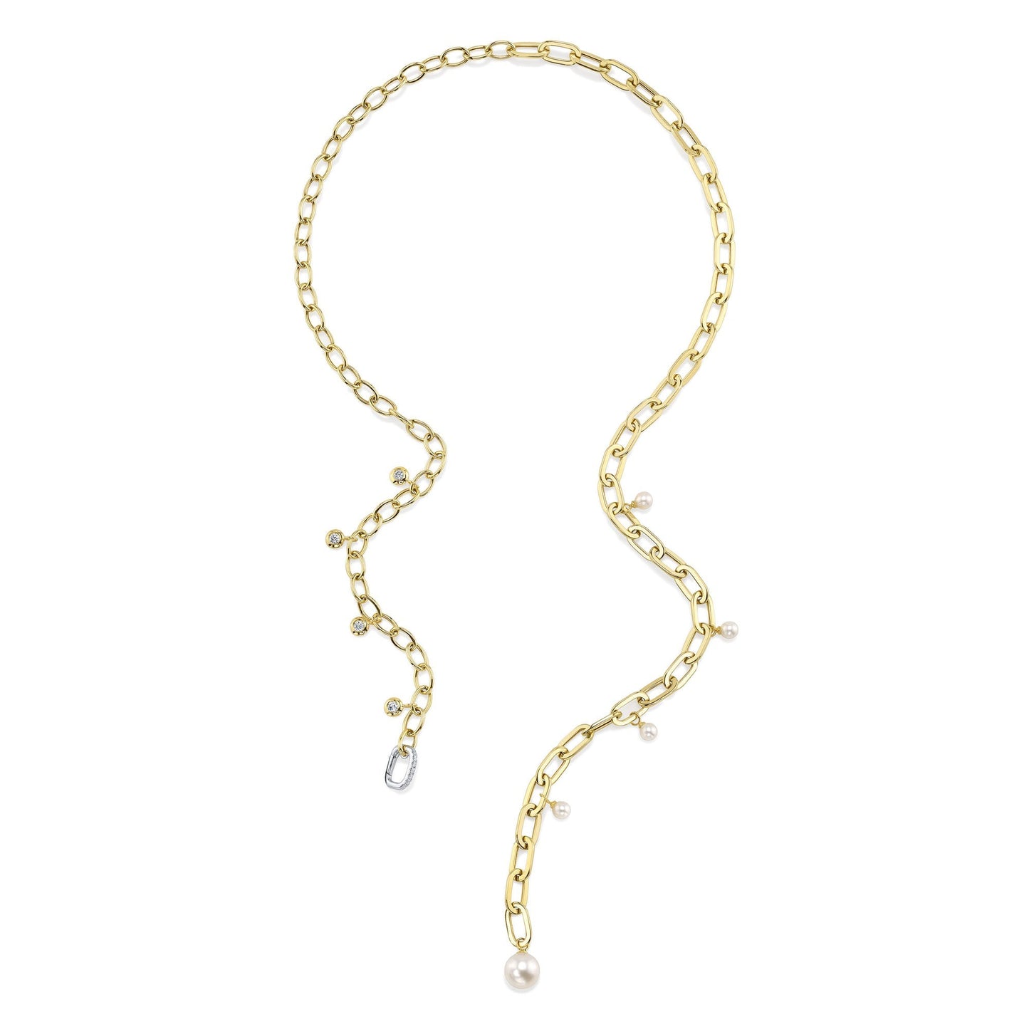 0.27CT 14K2T Y/W DIAMOND & CULTURED PEARL BEZEL PAPER CLIP LINK NECKLACE