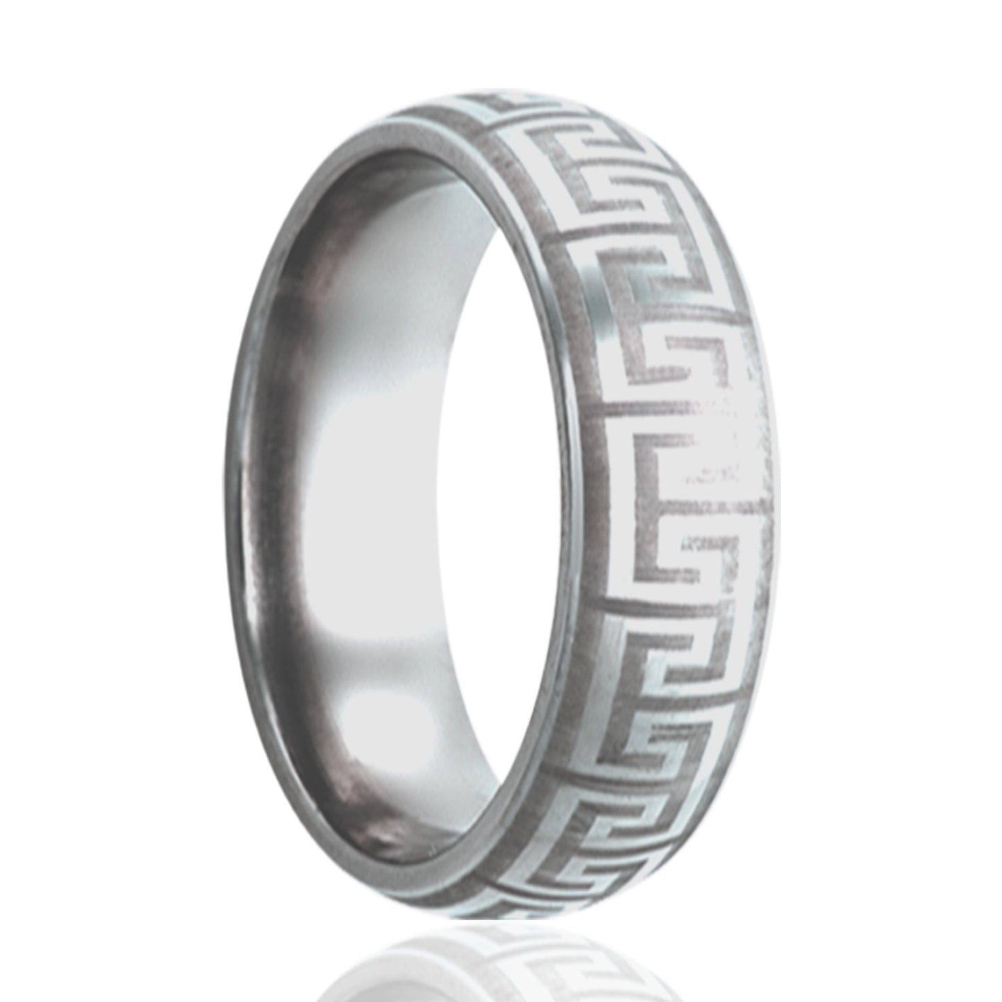 Titanium Dome Polished Ring with Greek Key Engraving