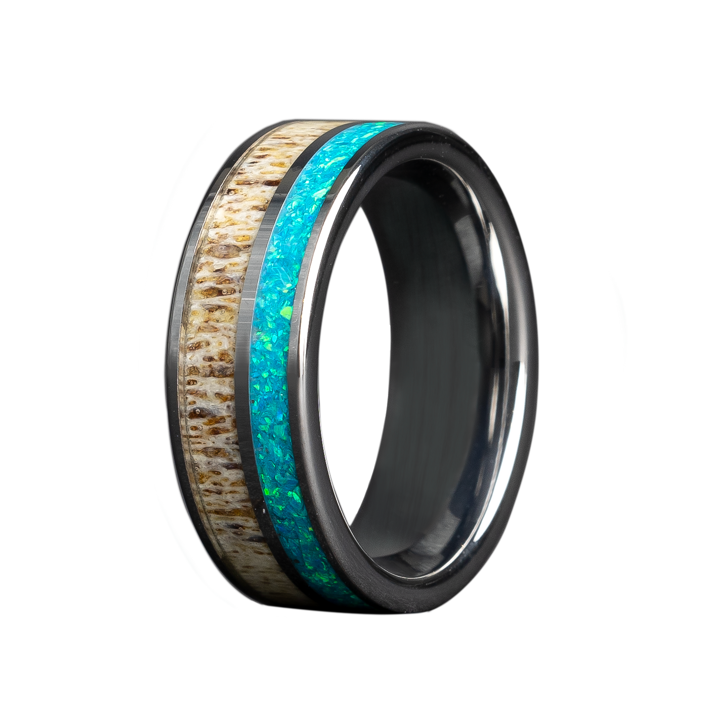 Tungsten Comfort Fit Polished Ring with Antler and Opal