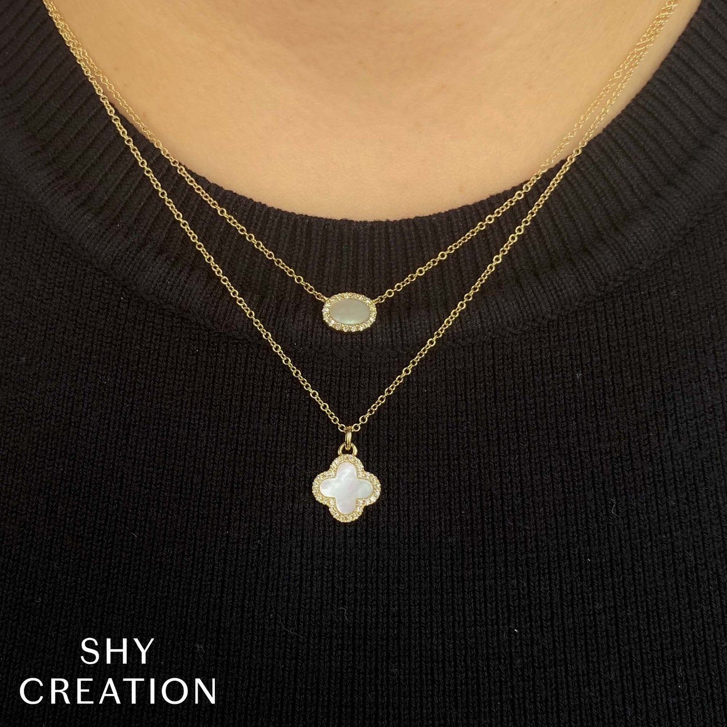 0.08CT DIAMOND & 0.41CT MOTHER OF PEARL 14K Y/G CLOVER NECKLACE