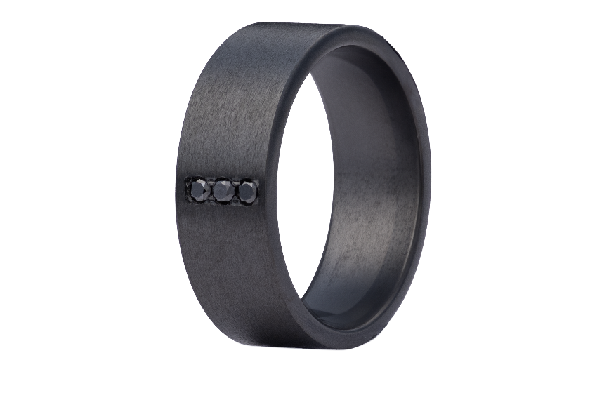 Zirconium Comfort Fit Satin Ring with Black Diamonds