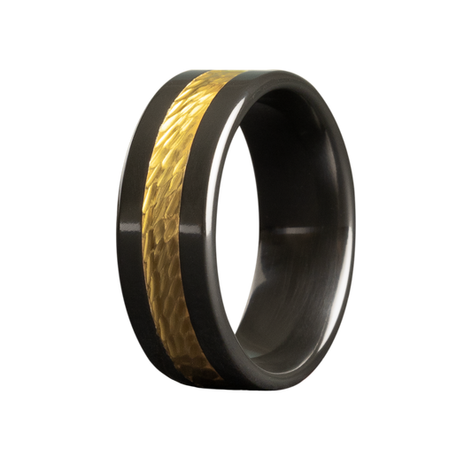 Zirconium Yellow Gold Hammered Inlay Ring Polished