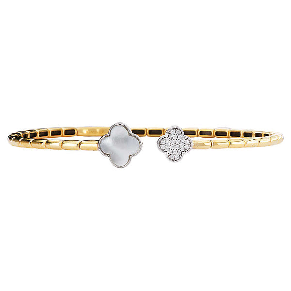 Open Flex Cuff Clover Shaped Bracelet with Pearl and Diamonds