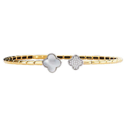 Open Flex Cuff Clover Shaped Bracelet with Pearl and Diamonds