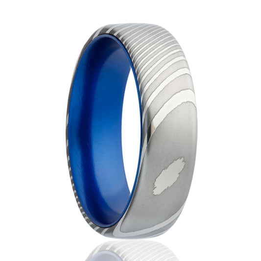 Damascus Comfort Fit Ring with Blue Anodized Finish
