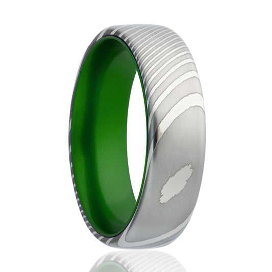 Damascus Comfort Fit Ring with Green Anodized Finish