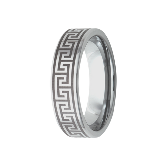 Tungsten Comfort Fit Ring with Greek Key Engraving
