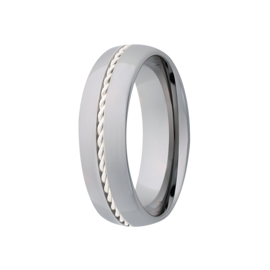 Tungsten Dome Polished Ring with Silver Inlay