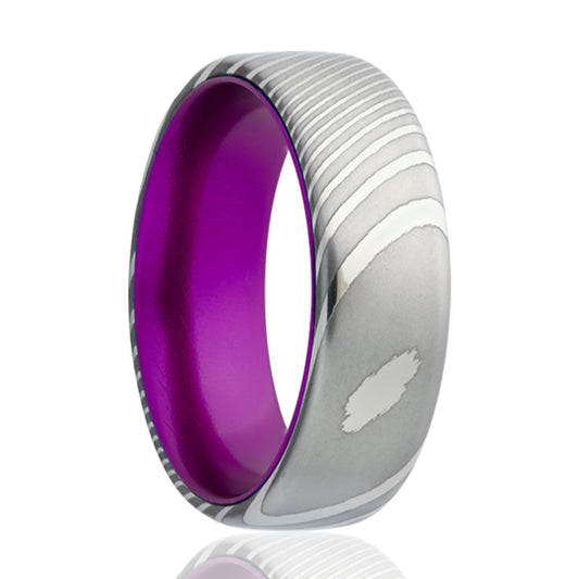 Damascus Ring with Purple Anodized Sleeve - Comfort Fit