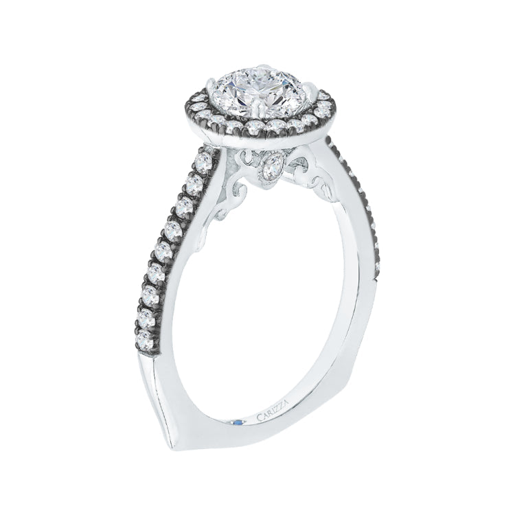 14K White Gold with Black Rhodium Tips Round Diamond Halo Engagement Ring (Semi-Mount)