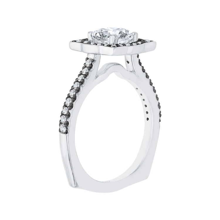 14K White Gold with Black Rhodium Tips Round Diamond Halo Vintage Engagement Ring (Semi-Mount)