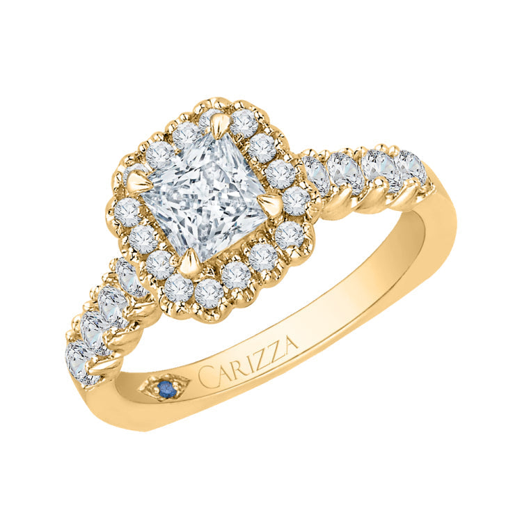 14K Yellow Gold Princess Diamond Halo Engagement Ring (Semi-Mount)