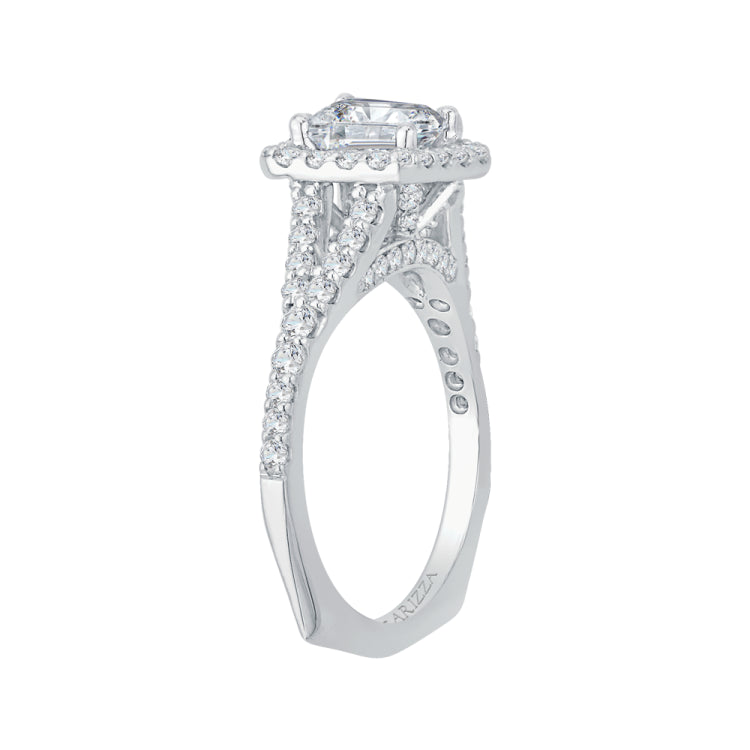 14K White Gold Emerald Cut Diamond Halo Engagement Ring with Split Shank (Semi-Mount)