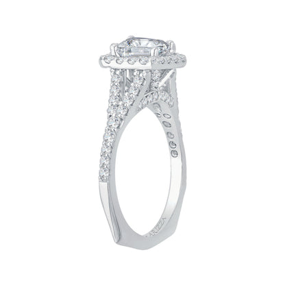 14K White Gold Emerald Cut Diamond Halo Engagement Ring with Split Shank (Semi-Mount)