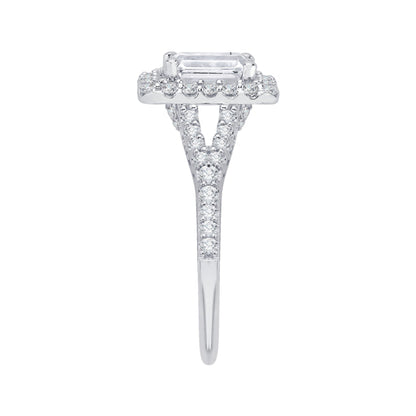 14K White Gold Emerald Cut Diamond Halo Engagement Ring with Split Shank (Semi-Mount)