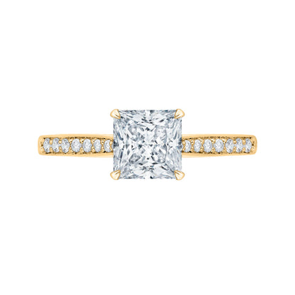 14K Yellow Gold Princess Cut Diamond Solitaire with Accents Engagement Ring (Semi-Mount)