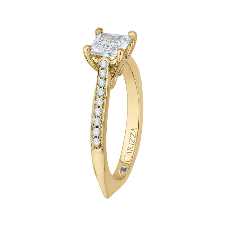 14K Yellow Gold Princess Cut Diamond Solitaire with Accents Engagement Ring (Semi-Mount)