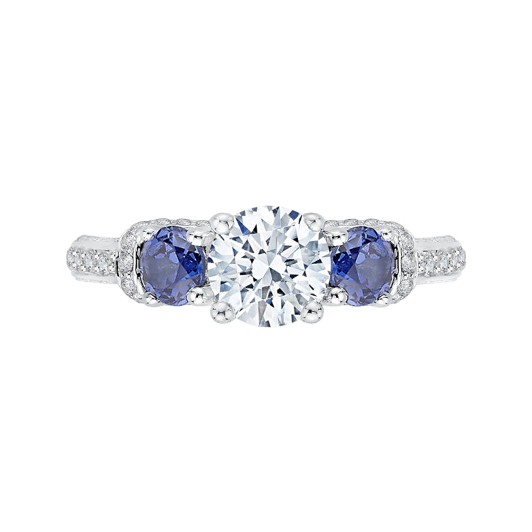 14K White Gold Euro Shank Round Diamond and Sapphire Three-Stone Engagement Ring (Semi-Mount)