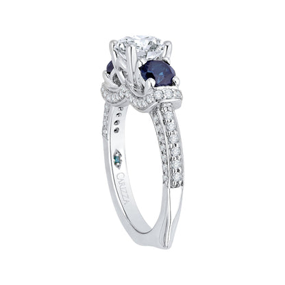 14K White Gold Euro Shank Round Diamond and Sapphire Three-Stone Engagement Ring (Semi-Mount)