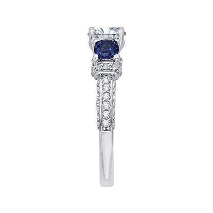 14K White Gold Euro Shank Round Diamond and Sapphire Three-Stone Engagement Ring (Semi-Mount)