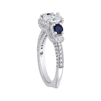 14K White Gold Oval Diamond With Sapphire Three-Stone Engagement Ring (Semi-Mount)