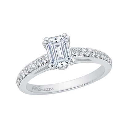 14K White Gold Emerald Cut Diamond Cathedral Style Engagement Ring