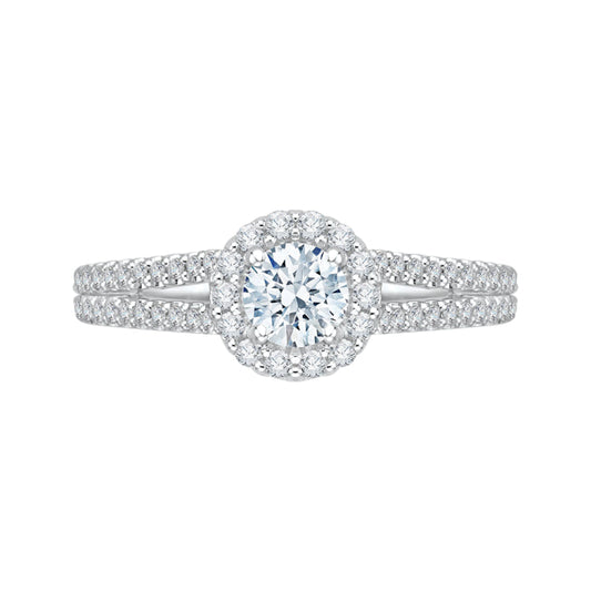 Round Diamond Halo Engagement Ring with Split Shank In 14K White Gold