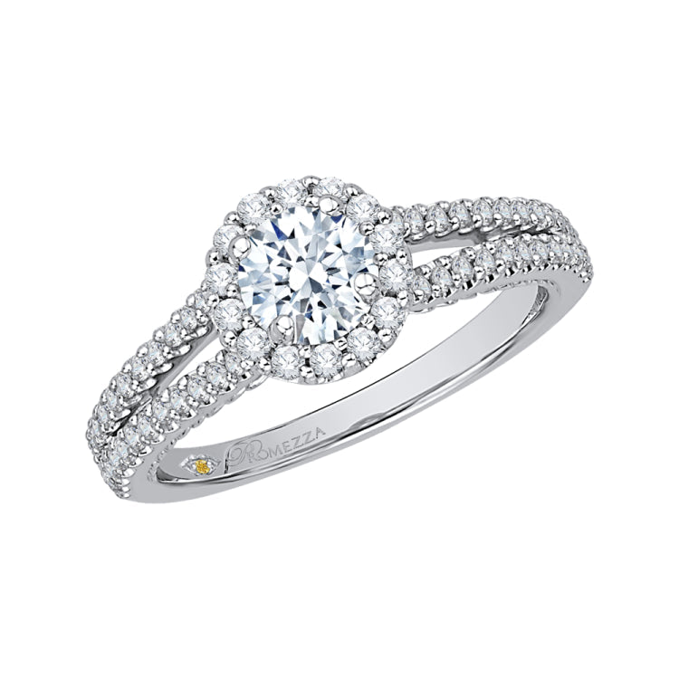 Round Diamond Halo Engagement Ring with Split Shank In 14K White Gold