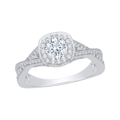 14K White Gold Round Diamond Halo Engagement Ring with Split Shank