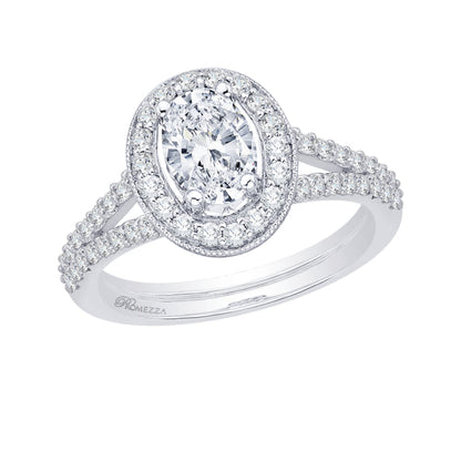 Oval Diamond Halo Engagement Ring In 14K White Gold with Split Shank