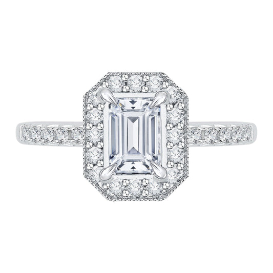 Emerald Cut Diamond Halo Engagement Ring In 14K White Gold (Semi-Mount)