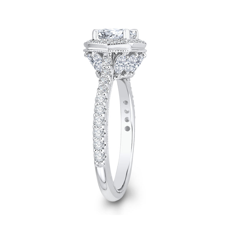 14K White Gold Round Cut Diamond Octagon Shape Halo Engagement Ring (Semi-Mount)