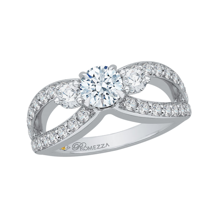 14K White Gold Round Cut Diamond Three-Stone Engagement Ring with Split Shank