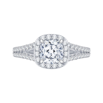 14K White Gold Cushion Cut Diamond Halo Engagement Ring with Split Shank (Semi-Mount)