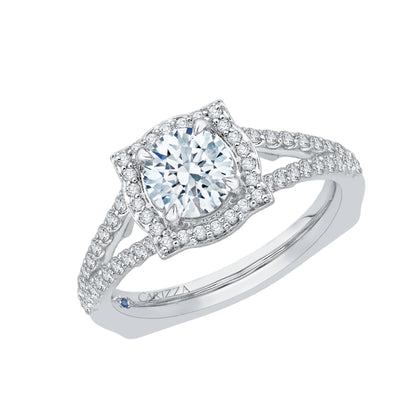 14K White Gold Round Halo Diamond Engagement Ring with Split Shank (Semi-Mount)