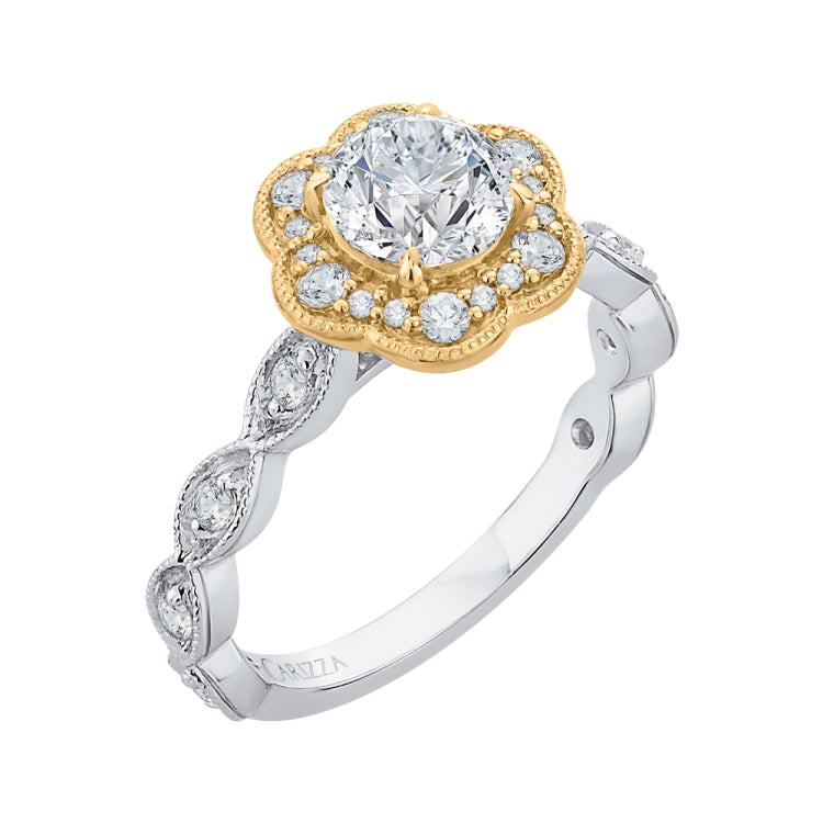 14K Tow-Tone Gold Round Cut Diamond Floral Halo Engagement Ring (Semi-Mount)