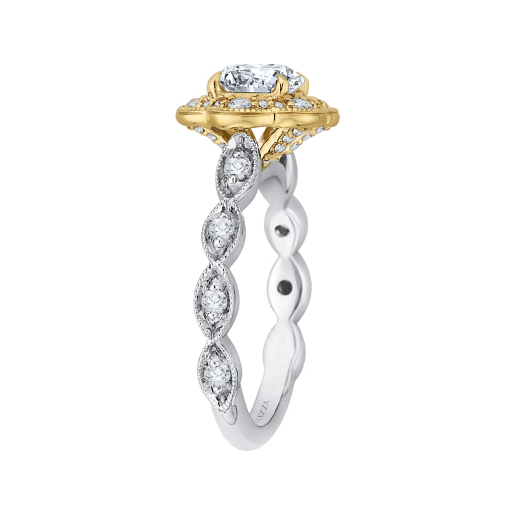 14K Tow-Tone Gold Round Cut Diamond Floral Halo Engagement Ring (Semi-Mount)