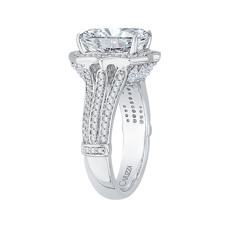 18K White Gold Emerald Cut Diamond Halo Engagement Ring (Semi-Mount)