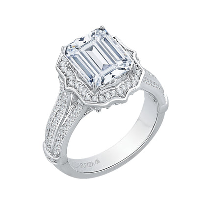 18K White Gold Emerald Cut Diamond Halo Engagement Ring (Semi-Mount)